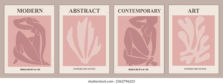 Set abstrakter Plakate in modernen, dänisch-pastellrosa Farben. Trendy Matisse inspirierte zeitgenössische Wandkunst. Ästhetisches minimalistisches Design. Vektorkunstillustrationen.