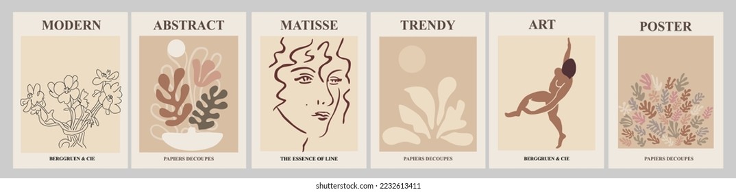Set of abstract posters in modern earth tone beige pastel colors . Trendy Matisse inspired contemporary wall art. Aesthetic minimalist design. Vector art illustrations.