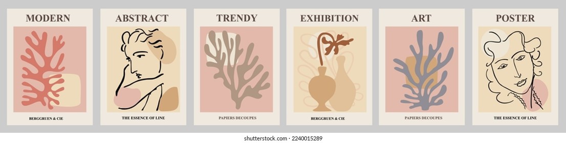 Set of abstract posters in modern sage green colors . Trendy Matisse inspired contemporary wall art with woman shapes, leaves, corals. Aesthetic minimalist design collection. Vector art illustrations