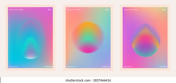 Set of abstract posters with neon blurry circles on holographic background. Cover template for dance party or music event.