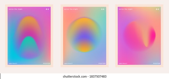 Set of abstract posters with neon blurry circles on holographic background. Cover template for dance party or music event.