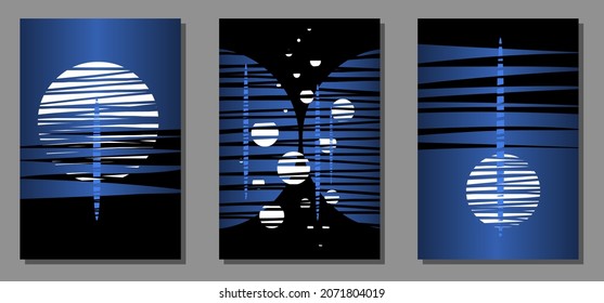 Set of abstract posters on navy blue and black background with white circles. Space motifs, night, moon. Vector backgrounds for print, cover and wall art.