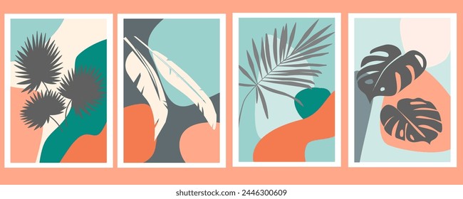 A set of abstract posters of paintings with silhouettes of leaves and random colored shapes and spots. Vector graphics.