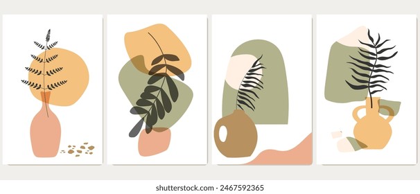 Set of abstract posters with plants, wazz, leaves, freeforms and spots. Simple natural still lifes. Vector graphics.