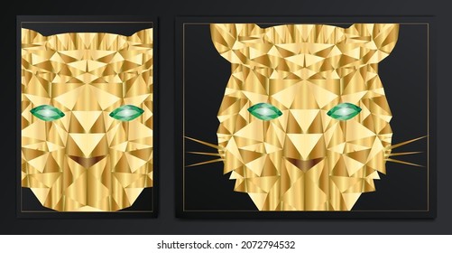 Set of abstract posters with a polygonal golden tiger.