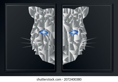 Set of abstract posters with a polygonal silver tiger.