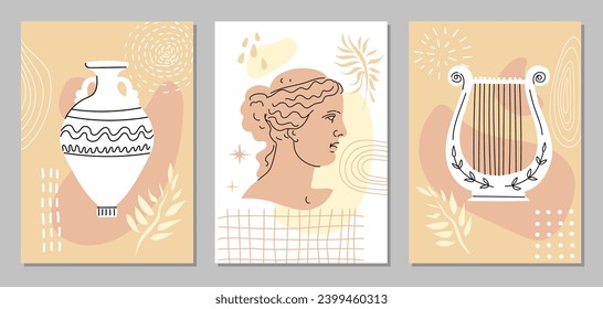 Set of abstract posters with portrait of Venus, amphora, lyre, abstract elements and plants. Ancient Greek sculpture. Vertical collection of templates for print, cover, wall. Pastel tones. Vector.