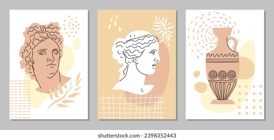 Set of abstract posters with portraits of Greek sculptures of Venus, Apollo, amphora, abstract figures and plants. Vertical Collection of templates for print, cover, wall art. Pastel colors. Vector.