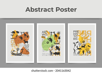 Set of abstract posters with prehistoric ornament vector flat illustration. Collection of art wallpaper decor with old artifacts, animals and antique elements creative artwork with place for text