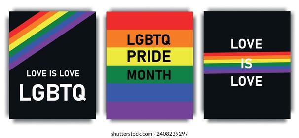 Set of abstract posters with rainbow and LGBT symbol. Minimalist background. Samples of pride. Vector illustration.