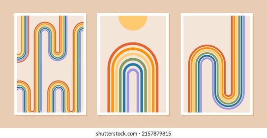 Afiches abstractos con arco iris y sol o luna. Marco contemporáneo minimalista de estilo boho moderno. Decoración de pared de mediados del siglo, impresión de arte con símbolo LGBT. Patrones de orgullo. Ilustración vectorial.