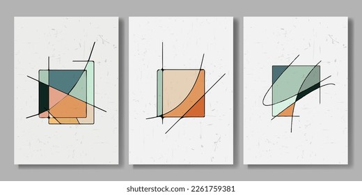 Set of abstract posters. Retro style illustration. Geometric shapes with grange texture. Art banners. Vector illustration. Minimalistic design. 