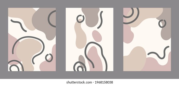 A set of abstract posters with round shapes and flowing lines in pastel colors. Vector background