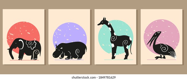 Set of abstract posters with silhouettes of animals on a pastel background. Elephant, hippo, giraffe, pelican on an abstract background.