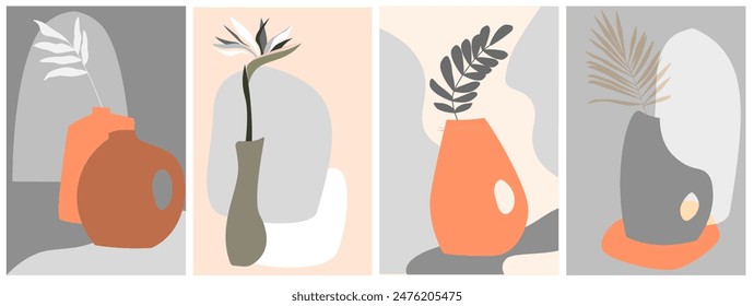 Un conjunto de carteles abstractos con siluetas de jarrones, hojas, plantas. Formas simples minimalistas para el diseño. Vector gráfico.