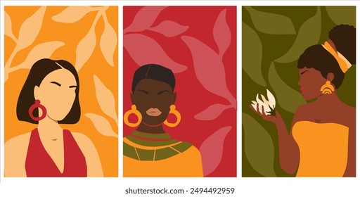 A set of abstract posters with silhouettes of women against a background of leaves. Bright summer portraits of girls. Vector graphics.