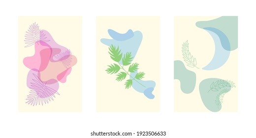Set of abstract posters with simple shapes and floral elements, branches with leaves. Minimalist yellow interior wall posters. Simple collection - three minimalist banners. Colors - blue, green, pink.