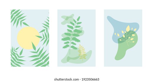 Set of abstract posters with simple shapes and floral elements, branches and leaves. Blue minimalist interior wall posters. Simple collection - three minimalist banners in blue, green, yellow colors