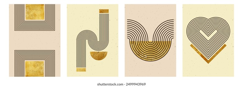 Conjunto de carteles abstractos con arcos de rayas y Formas geométricas. Fondo de Vector con textura dorada en estilo bohemio de moda