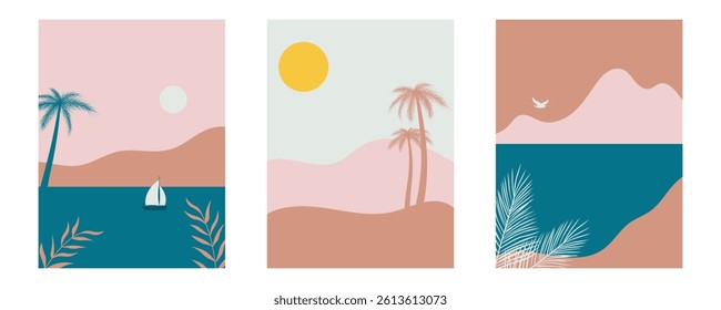 set of abstract posters with summer beach and palm tree 