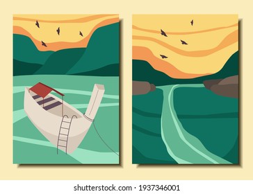 Set abstrakter Plakate mit Sommerlandschaft. Moderne Kunst. Vektorgrafik.