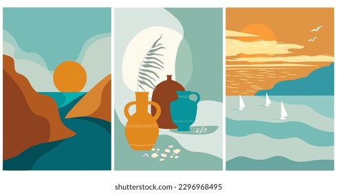 A set of abstract posters with summer seascapes, a boat with a sail on the water, antique vases with plants. Vector graphics.