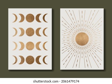 Set of abstract posters. Sun, moon cycle. Golden texture. Modern trendy minimal style. Design for wallpaper, wall decor, postcard, print, social media, cover, banner, fashion. Vector illustration