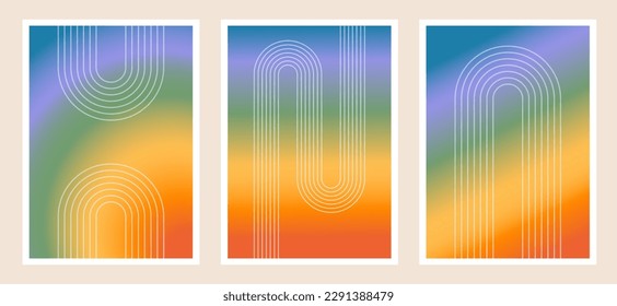 Conjunto de afiches abstractos con arco iris de contorno lineal delgado. Marco contemporáneo minimalista de estilo retro. Decoración de pared de gradiente borrosa de orgullo, impresión de arte con símbolo LGBT. Ilustración vectorial.