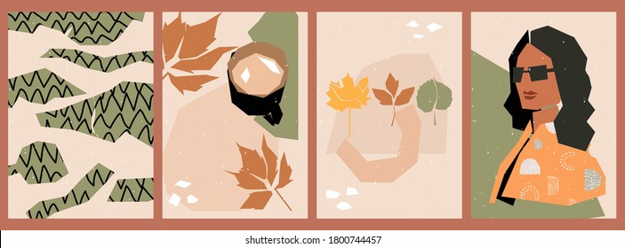 Conjunto de afiches abstractos con elementos de papel roto. Collage de varias formas de papel cortadas. Antecedentes de medios sociales, historias con una silueta de una mujer de moda, cacao, hojas de otoño.