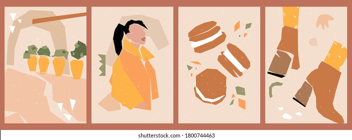 Set of abstract posters with torn paper elements. Collage of various cut out paper shapes. Backgrounds for social media, stories with a silhouette of a fashionable girl, macaroon, boots, vases, plants