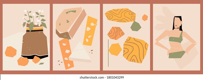 Set of abstract posters with torn paper elements. Collage of various cut out paper shapes. Backgrounds with a floral still life, a silhouette of a woman in fashionable lingerie, varieties of cheese.