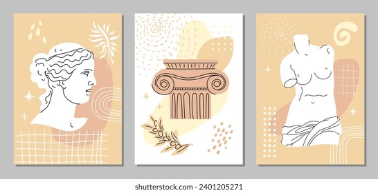 Set of abstract posters with Venus, capitals, abstract elements and plants. Ancient Greek sculpture of the head and torso of Venus. Vertical collection of templates. Pastel tones. Vector.