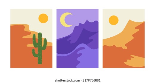 Set of abstract posters in western style. Vector flat illustration of wild west landscapes with desert, mountains, cactus, sun and moon. Contemporary art print templates