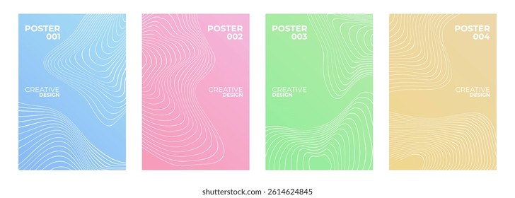 Set of abstract posters with white line waves for creative graphic design. Minimalist cover templates. Vector illustration.