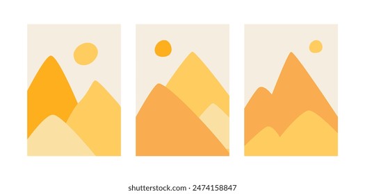 Set von abstrakten Postern mit gelben Bergen. Vektorgrafik flache Darstellung von Landschaften im Boho-Stil. Moderne zeitgenössische Wanddruckdesigns