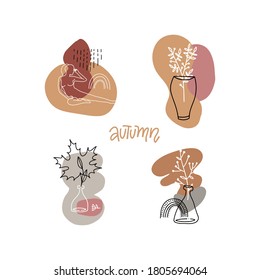 Set of abstract print concepts with autumn elements. Collage of various cut out paper shapes. Backgrounds for social media, stories with a linear silhouette of a girl, leaves ,glass vases, plants.