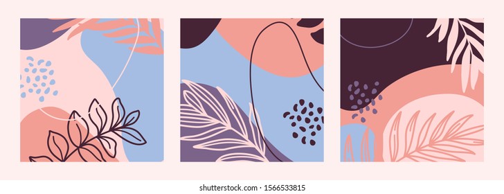 Set of Abstract print outline of the plants and geometric shapes in a minimal trendy style templates for social media post. Vector background collage art. For posters, postcards, Covers, prints.