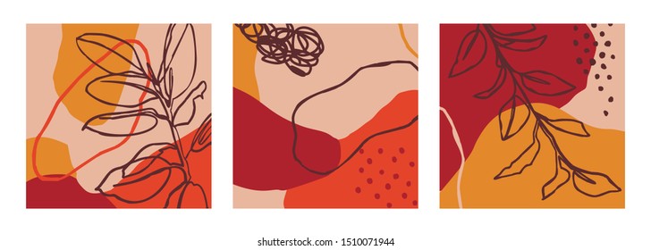Set of Abstract print plants one line and geometric shapes in a Contemporary style. Vector background in simple Scandinavian style. For posters, postcards, social media posts.