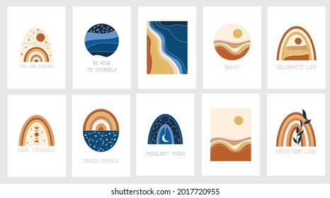 Set of abstract prints with desert and ocean landscapes . Contemporary wall decor. Vector illustration.
