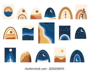 Set of abstract prints with desert and ocean landscapes . Contemporary wall decor. Vector illustration.