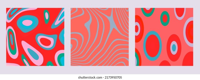 Set of abstract psychedelic illustrations with colorful trippy shapes in 60s hippie retro-art style. 