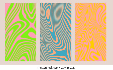 Set of abstract psychedelic illustrations with colorful trippy shapes in 60s hippie retro-art style. 