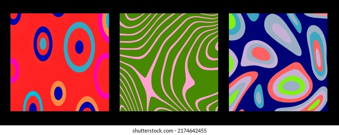 Set of abstract psychedelic posters with colorful trippy melting shapes in 60s hippie retro-art style. 