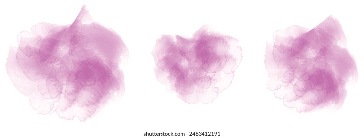 Set of abstract pure magenta watercolor water splash on a white background. Vector watercolour texture in salad color. Ink paint brush stain. Pure magenta splatters spot. Watercolor pastel splash