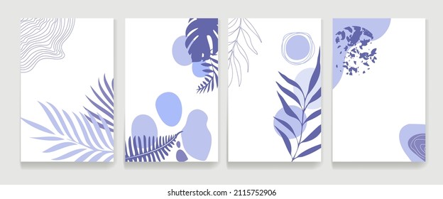 A set of abstract purple banners in a trendy very peri palette. Minimalist leaves and plants banners with space for text
