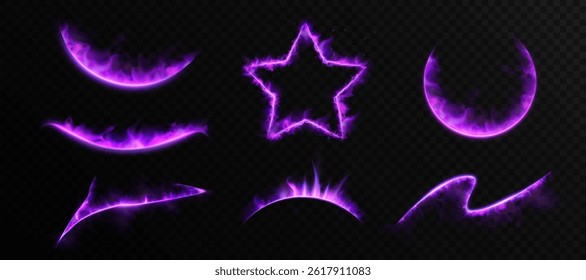 Set of abstract purple flame shapes with flaming edges of fire on dark background. Perfect for magic effects, fantasy design or game visuals. Vector