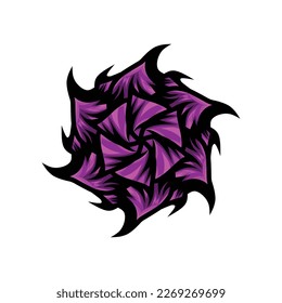 Set von abstraktem violettem Blumenlogo, Symbol einzeln auf weißem Hintergrund. Pflanzen, Blumen, Natur, Blüte, Garten, Park, Schönheit, Dekoration.