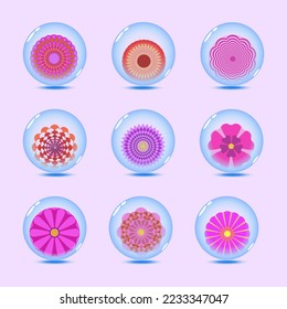 set of abstract purple flowers in glass ball on pink background. Isolated design element. Vector illustration