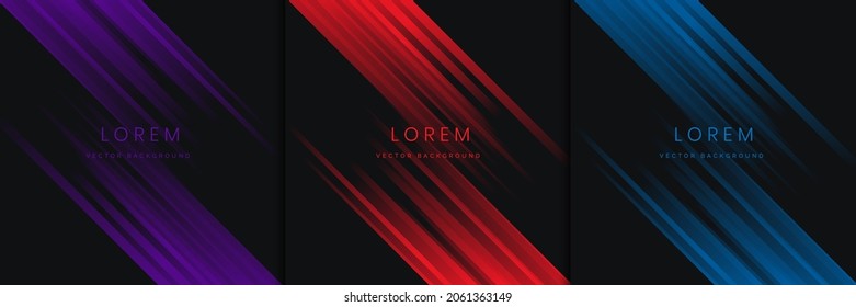 Set of abstract purple, red, blue, stripe diagonal lines light on black background. Vector illustration
