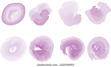 Set of abstract purple watercolor water splash on a white background. Vector watercolour texture in blue color. Ink paint brush stain. Purple soft light blot. Watercolor violet splash